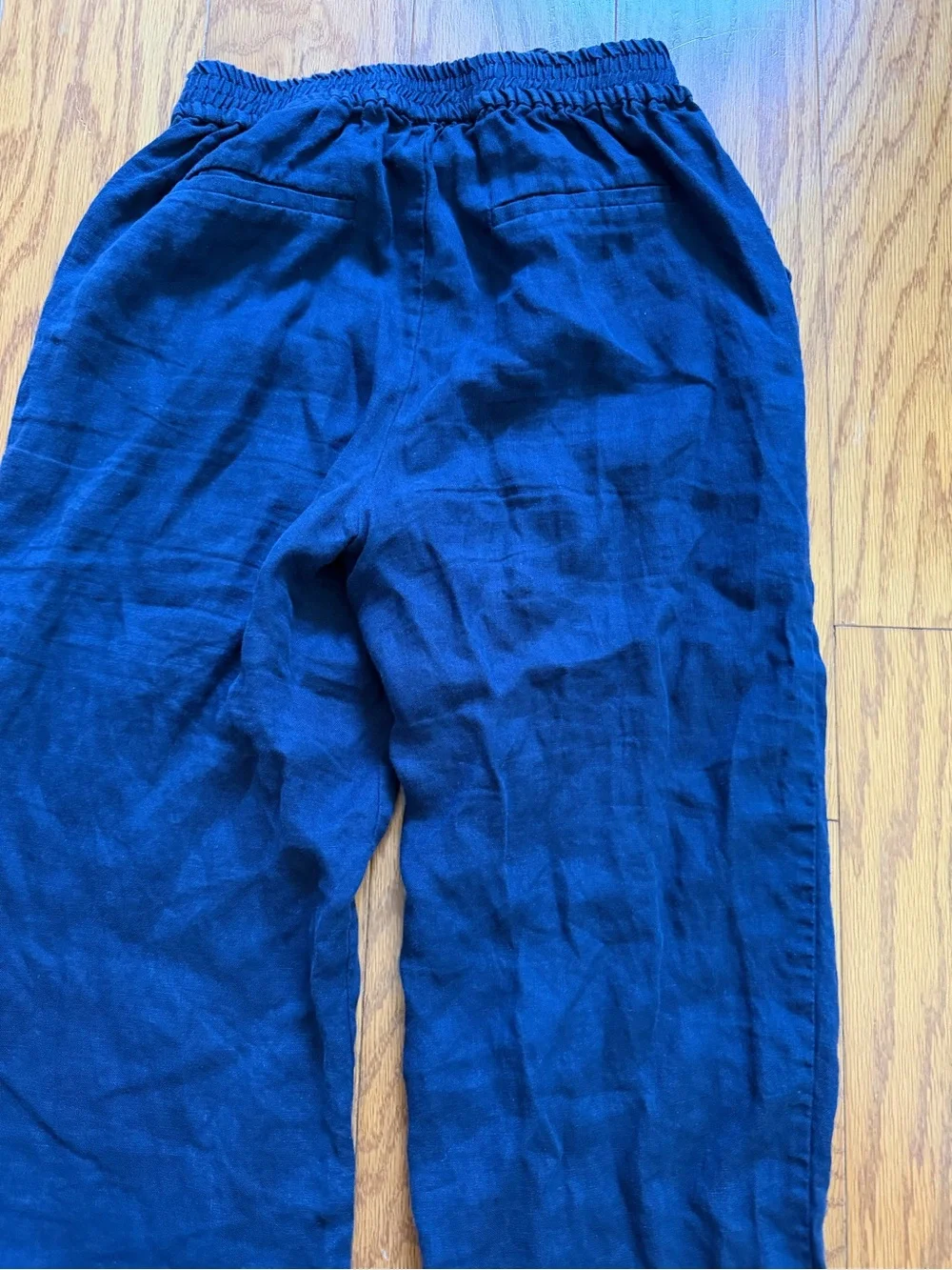 Zara Women's Navy Blue Drawstring Wide-Leg Linen Trousers Small S